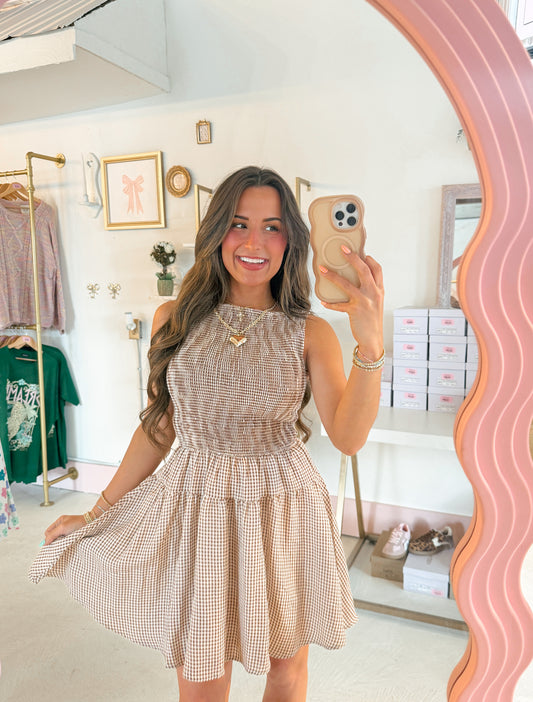 gingham smocked mini dress