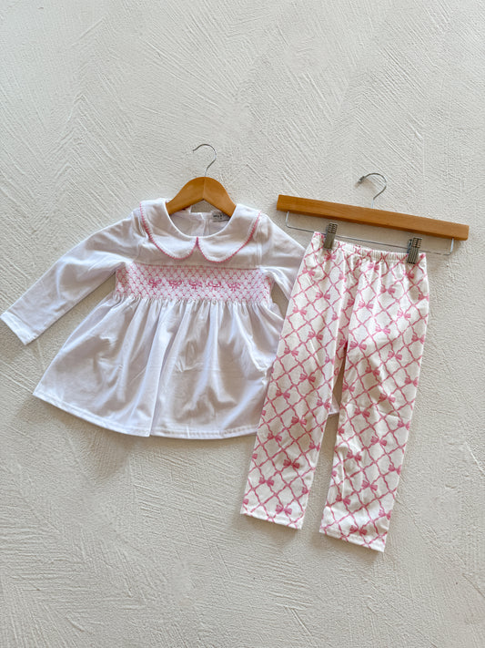 pink bow smocked pants set