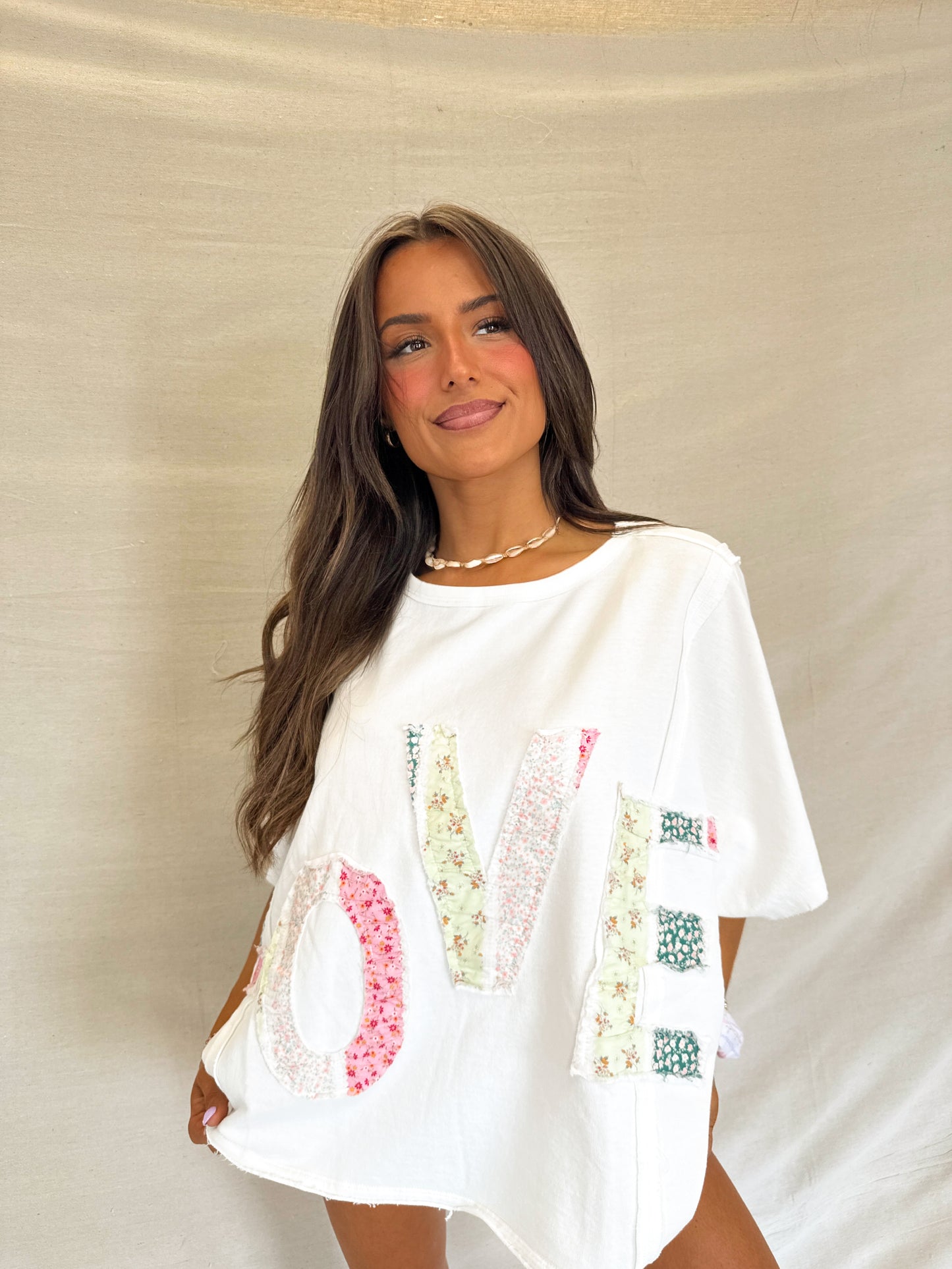 love oversized patchwork top