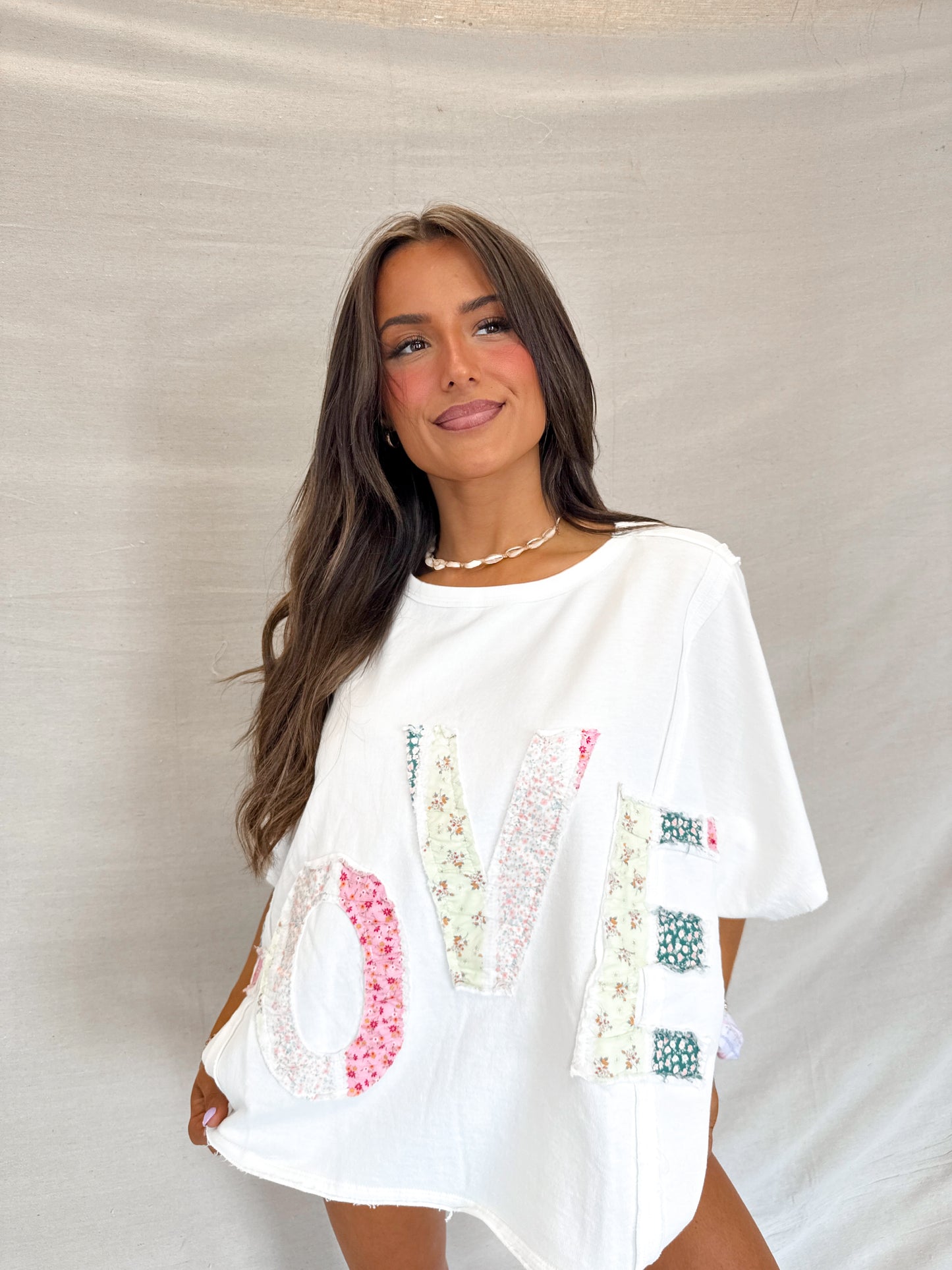 love oversized patchwork top