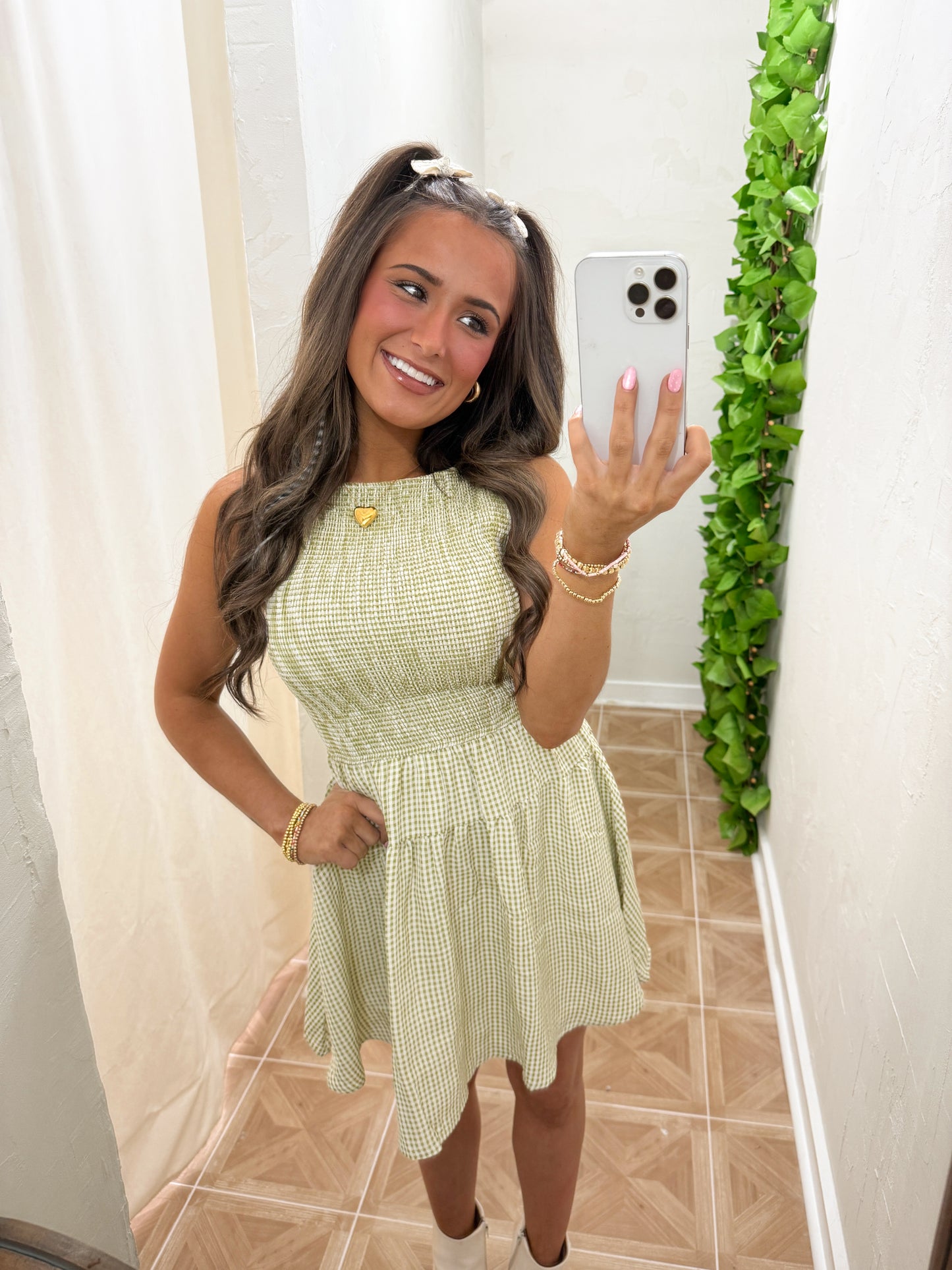 olive gingham mini dress