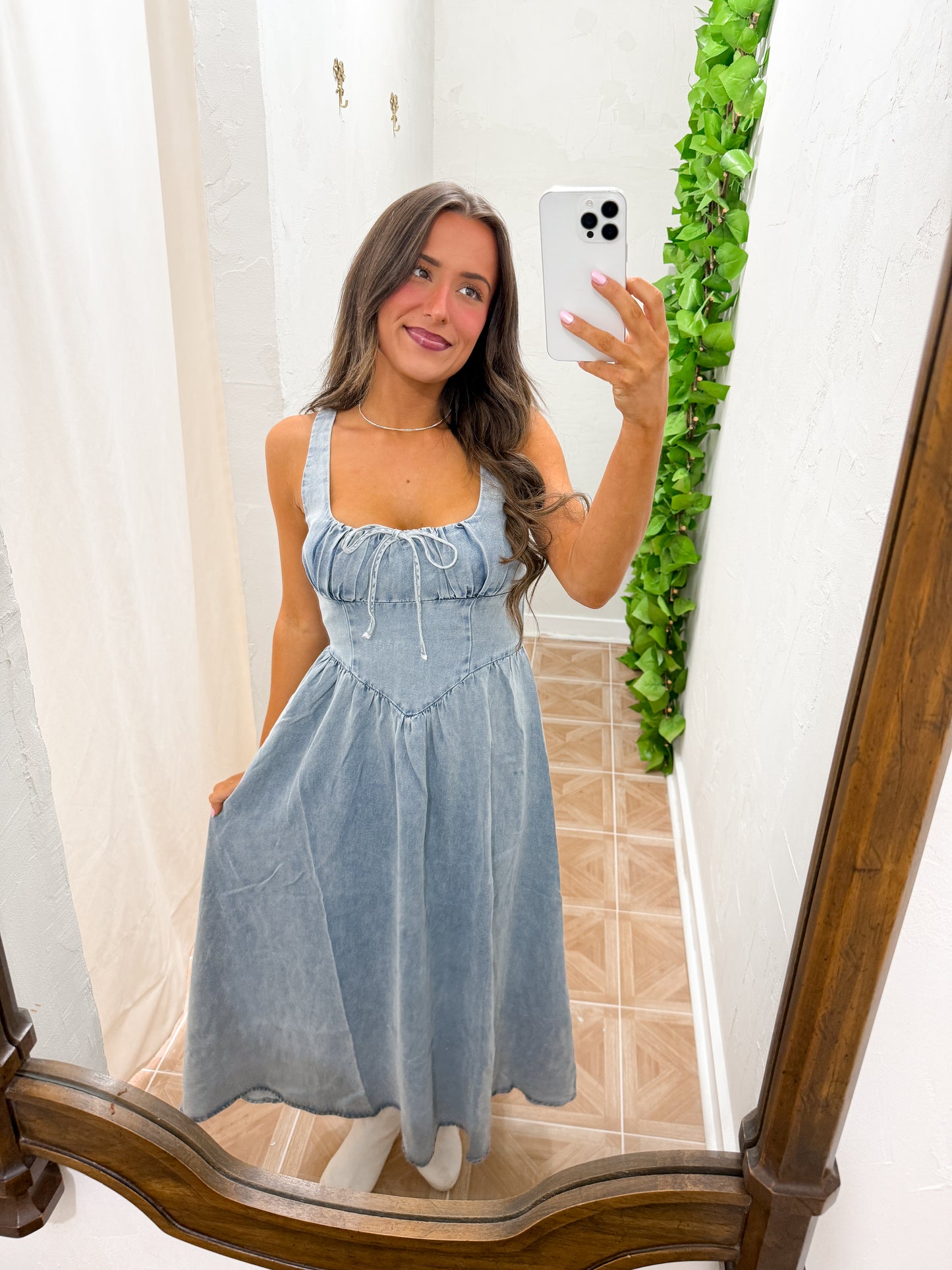 denim corset midi dress