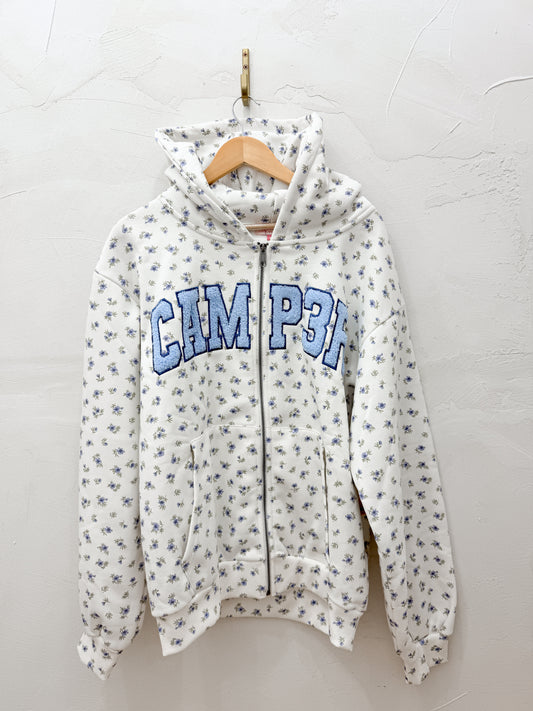 Happy Camper blue floral zip
