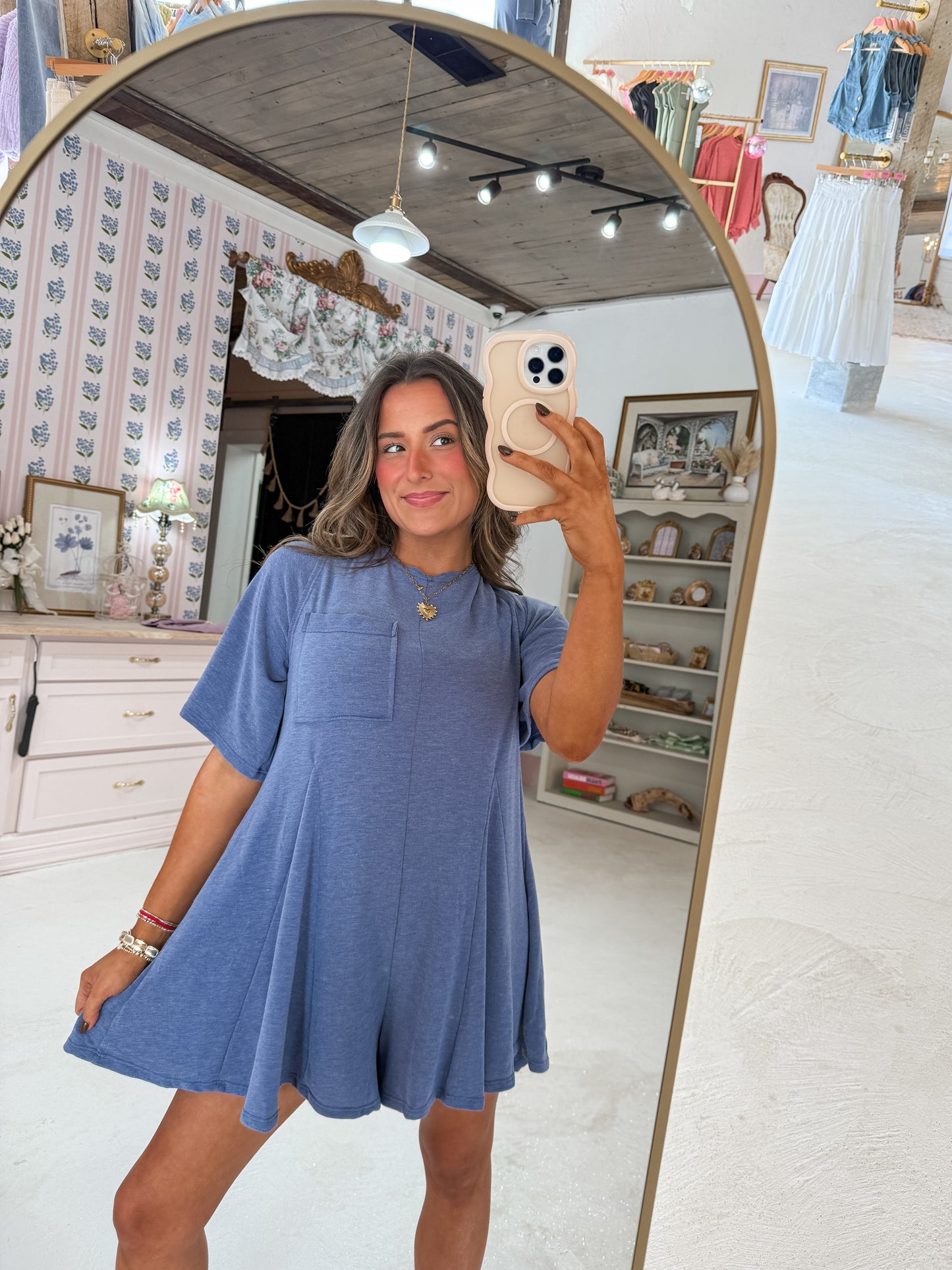 blue front pocket romper
