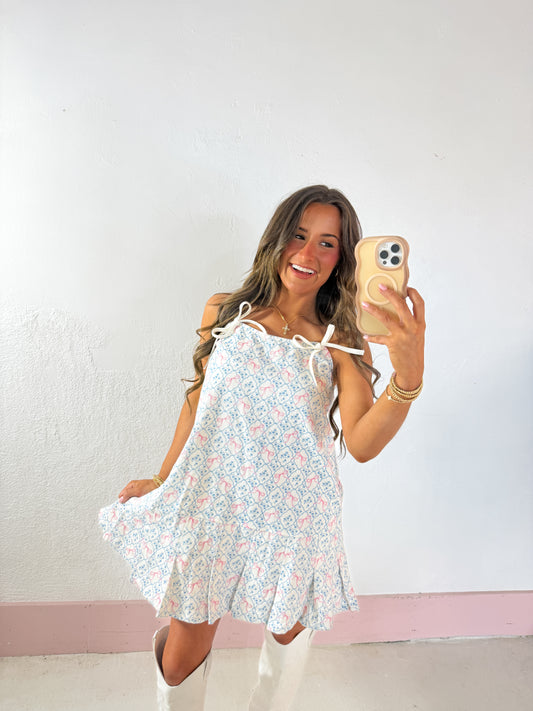 Bow denim mini dress with pockets