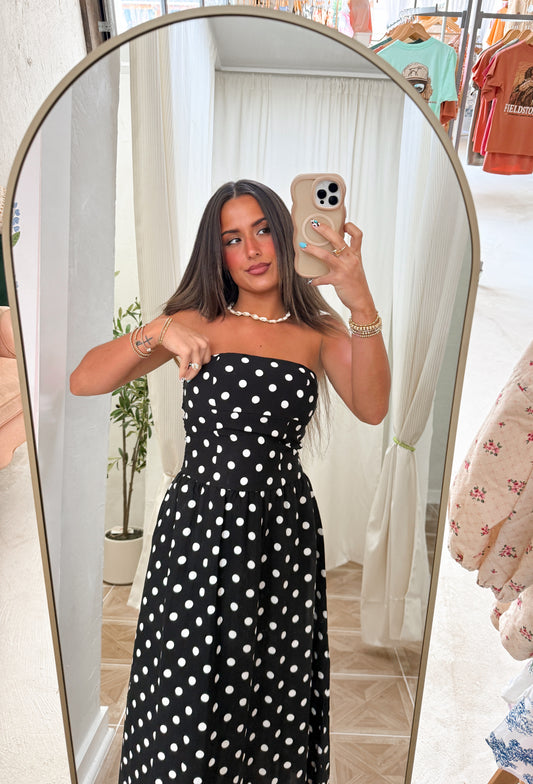 polka dot strapless midi dress