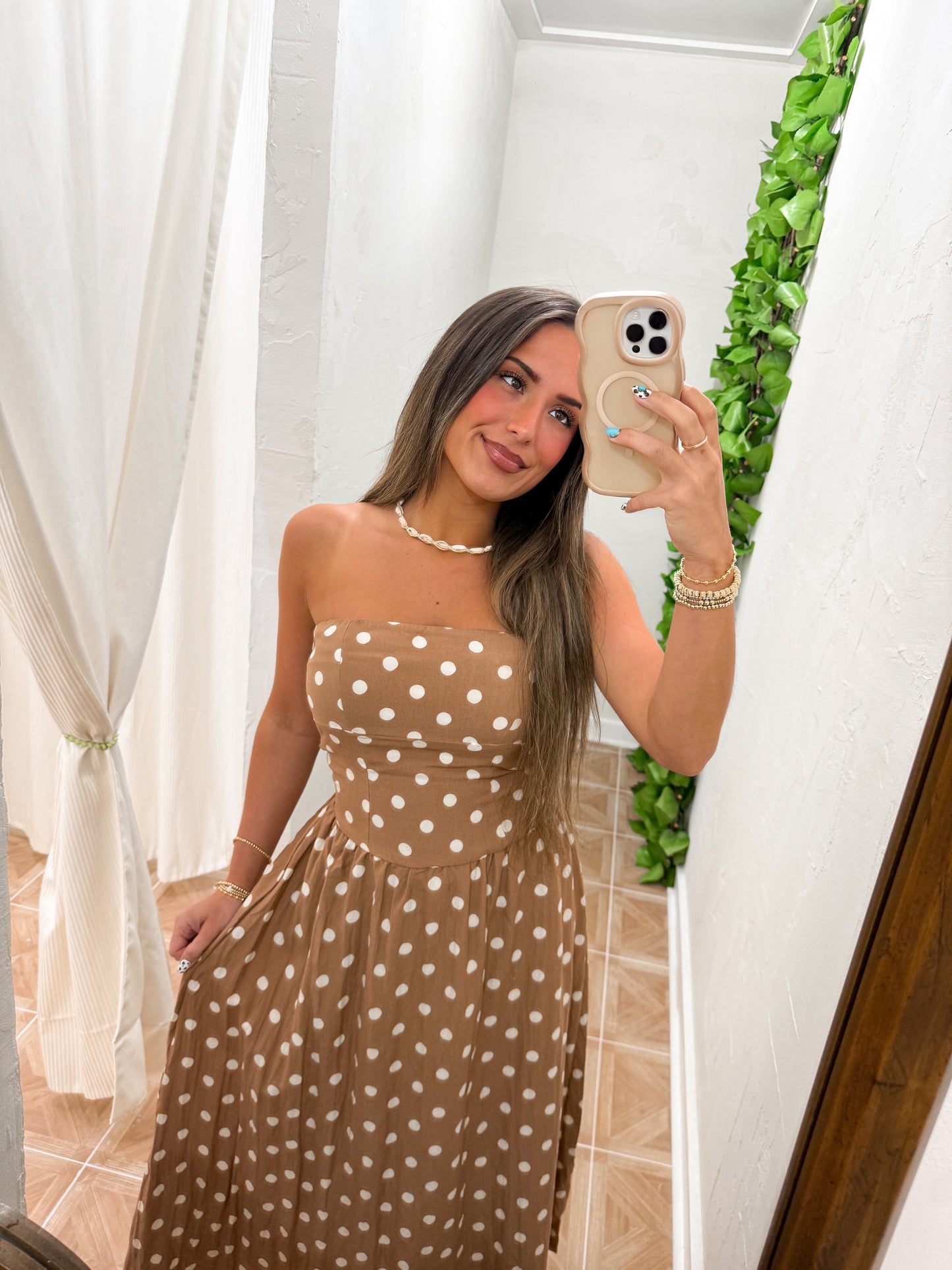 polka dot strapless midi dress
